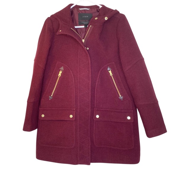 J.Crew Women Stadium Cloth Wool Parka Nello Gori Burgundy Hooded Coat Size 6 EUC - Picture 2 of 12